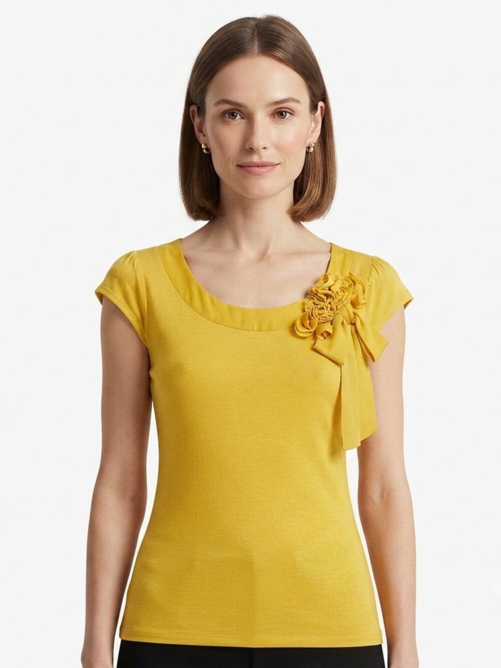 H&M Chartreuse Jersey Top w/Chiffon Floral/Bow Decoration- Sz. Sm